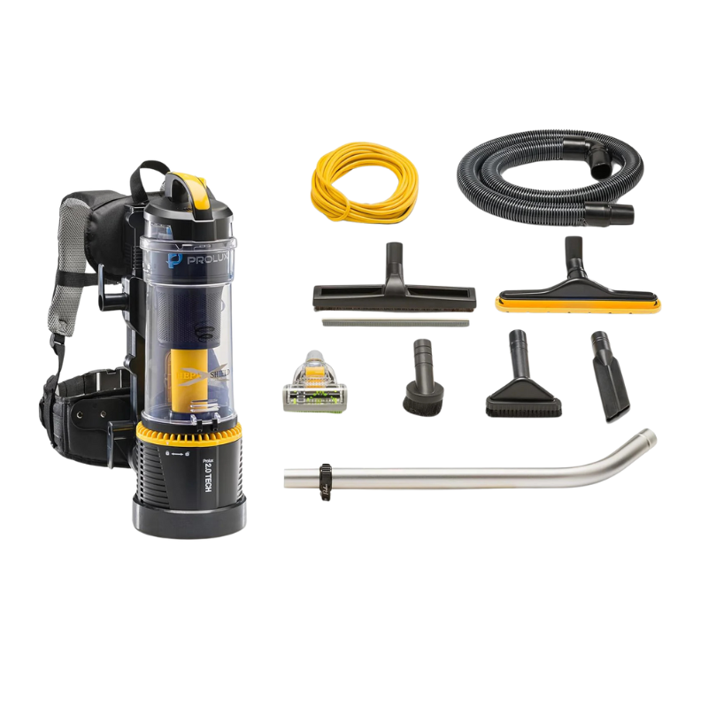 Prolux 2.0 Commercial Bagless Upright Backpack Vacuum full kit with attachments yellow black.