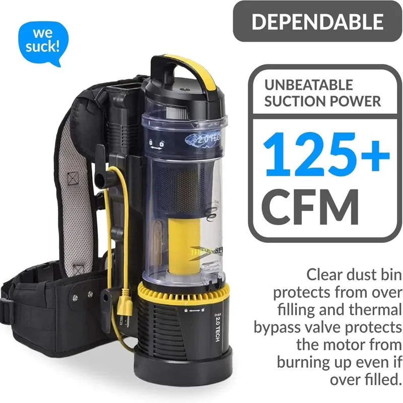 Prolux 2.0 Commercial Bagless Upright Backpack Vacuum product with text high suction.