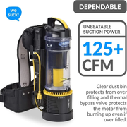 Prolux 2.0 Commercial Bagless Upright Backpack Vacuum vacuum with text suction power.