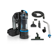 Prolux 2.0 Cordless Bagless Upright Backpack Vacuum with 1 hour Lithium Ion Battery main unit and accessories white background.