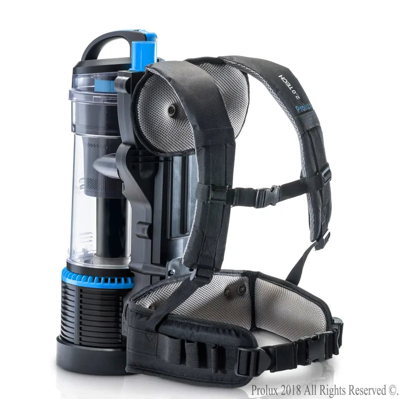 Prolux 2.0 Cordless Bagless Upright Backpack Vacuum with 1 hour Lithium Ion Battery rear view with harness.