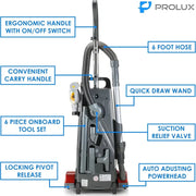 Prolux 7000 Upright Sealed HEPA Vacuum back view with features.