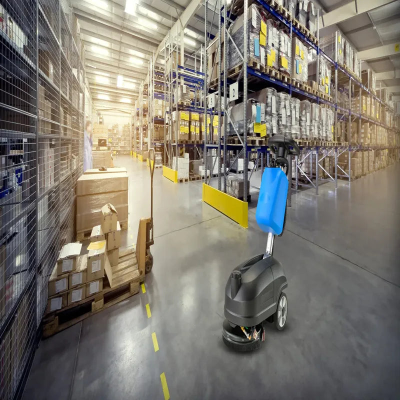 Prolux C350D 14 inch cordless floor cleaner in warehouse.