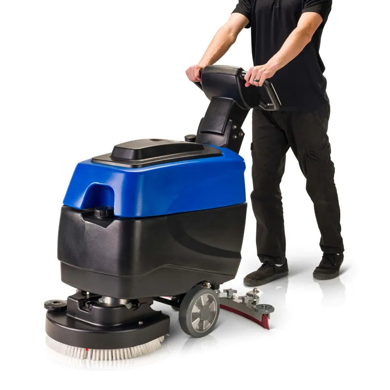 Prolux C460S 18 inch cordless commercial walk behind floor cleaner scrubber buffer in use front view.