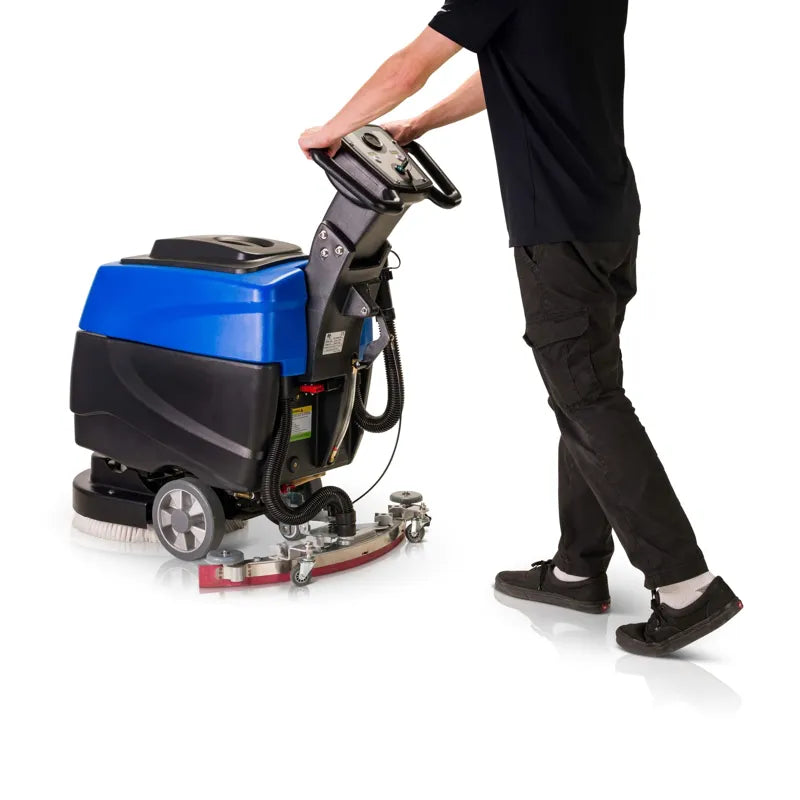 Prolux C460S 18 inch cordless commercial walk behind floor cleaner scrubber buffer in use side view.