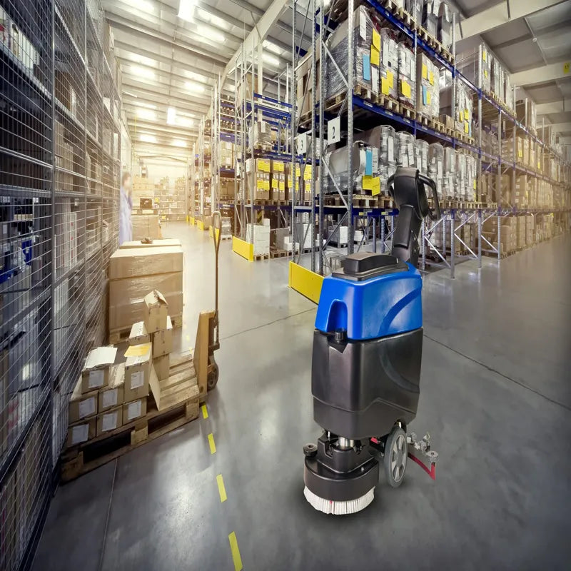 Prolux C460S 18 inch cordless commercial walk behind floor cleaner scrubber buffer warehouse setting.