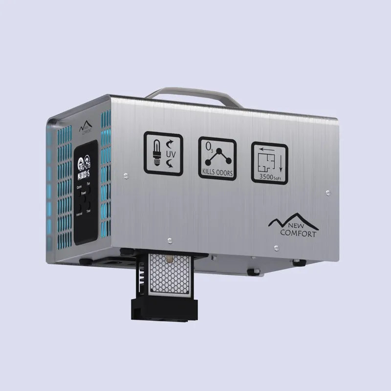 Prolux Comfort PLCOZ12K stainless steel ozone generator with icons.