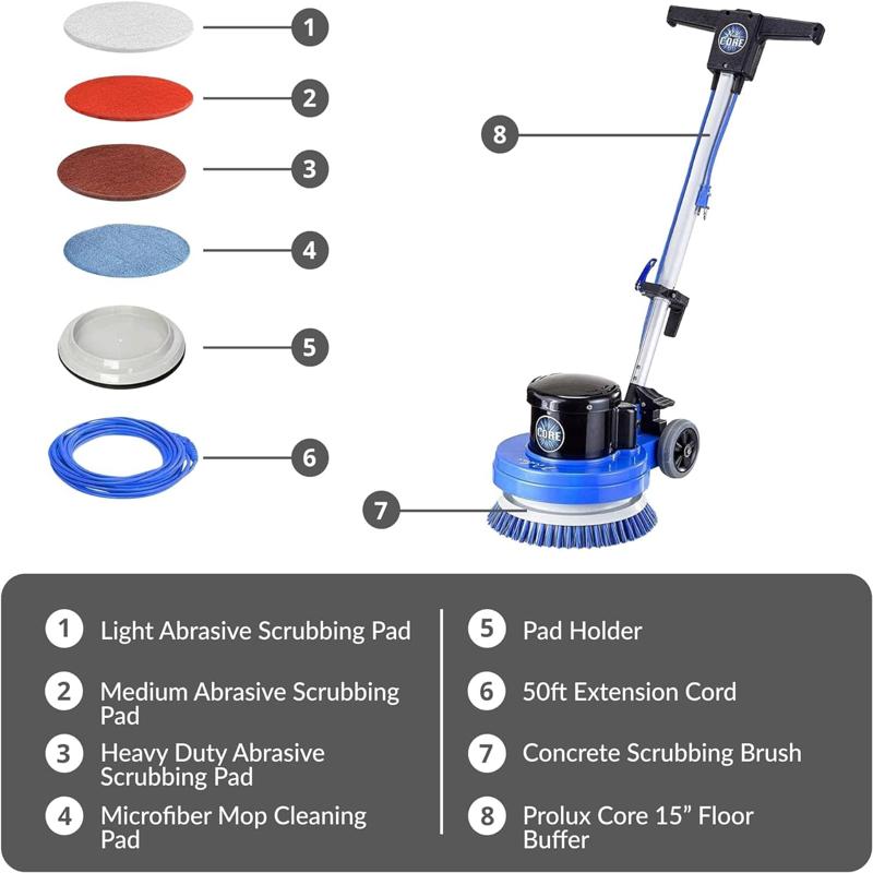 Prolux Core 13 Heavy Duty Commercial Polisher Floor Buffer Machine Scrubber and 5 Pads accessories and extension cord.