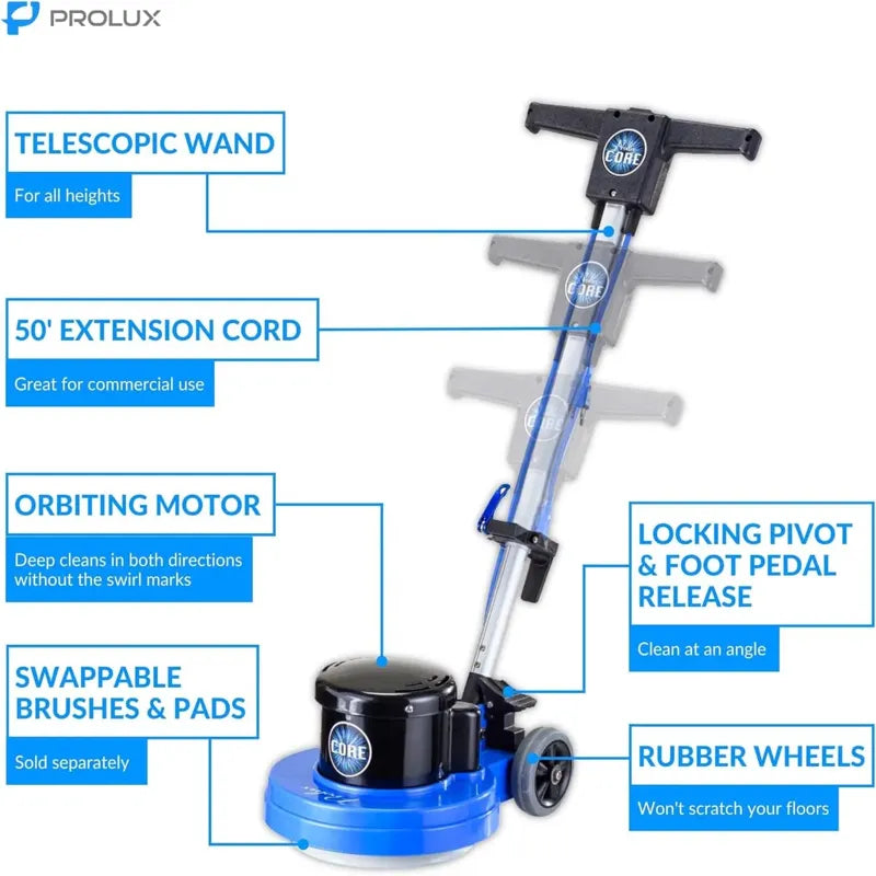 Prolux Core 13 Heavy Duty Commercial Polisher Floor Buffer Machine Scrubber and 5 Pads telescopic wand extension cord locking pivot foot pedal.