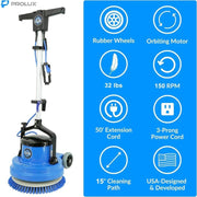 Prolux Core 15in commercial polisher feature icons blue background.