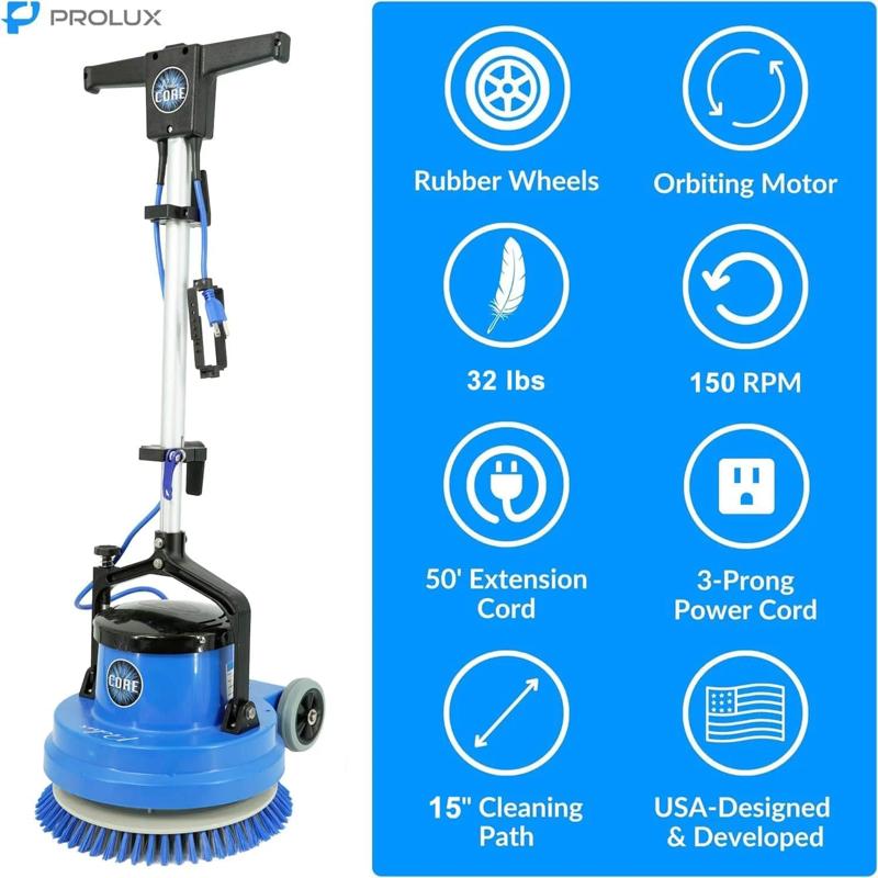 Prolux Core 15in commercial polisher feature icons blue background.