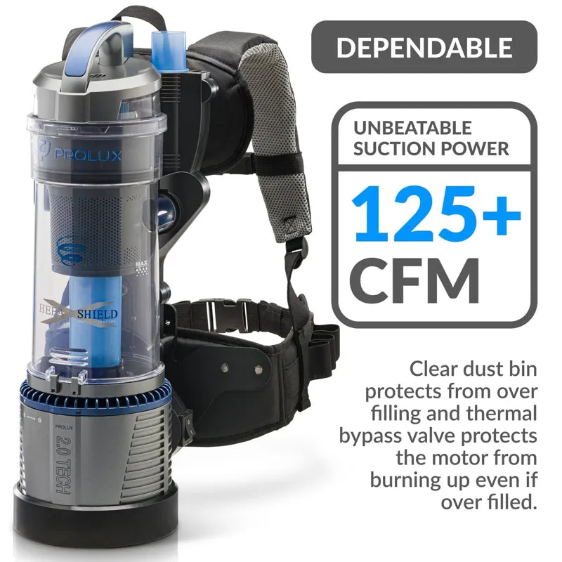 Prolux Lightweight 2.0 Bagless Upright Backpack Vacuum clear dust bin suction power.