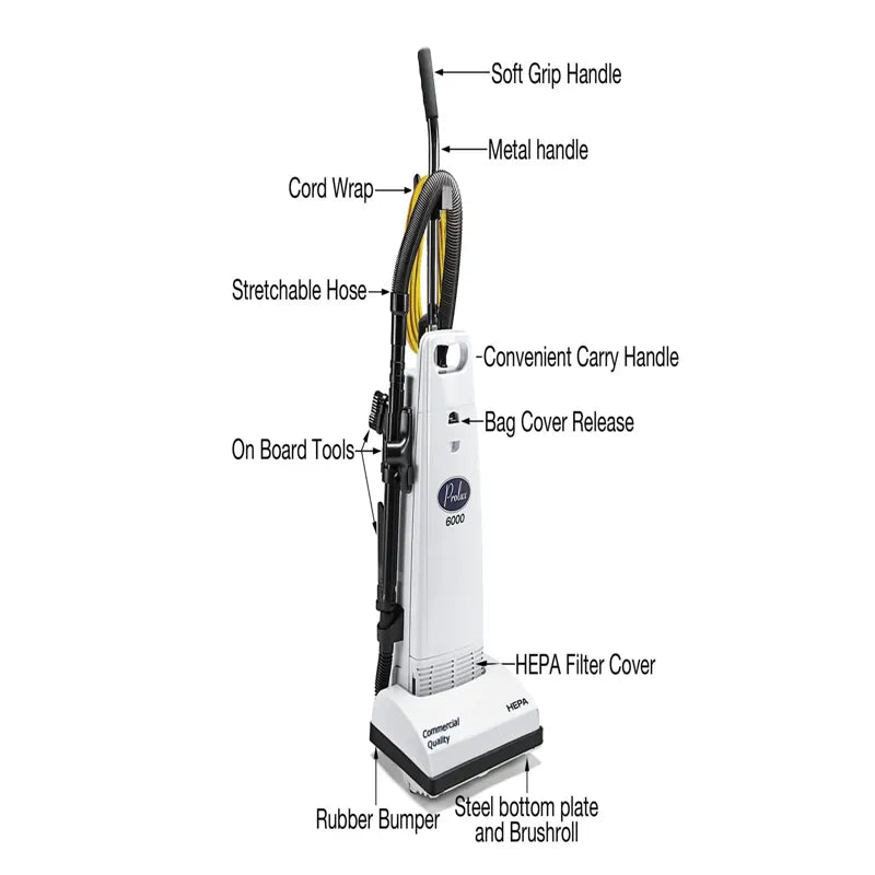 Prolux PLC6K commercial upright vacuum labeled features.