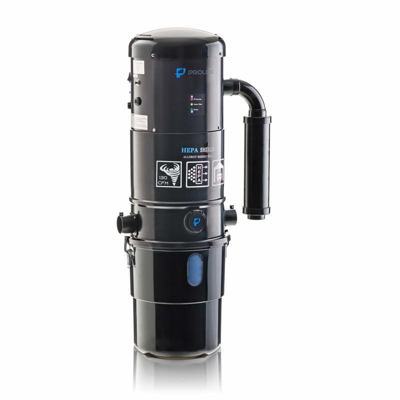 Prolux PLCCV12K central vacuum unit angled view with labels.