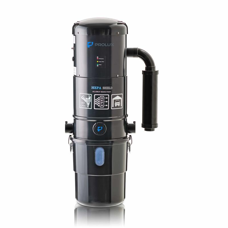 Prolux PLCCV12K central vacuum unit front view with labels.