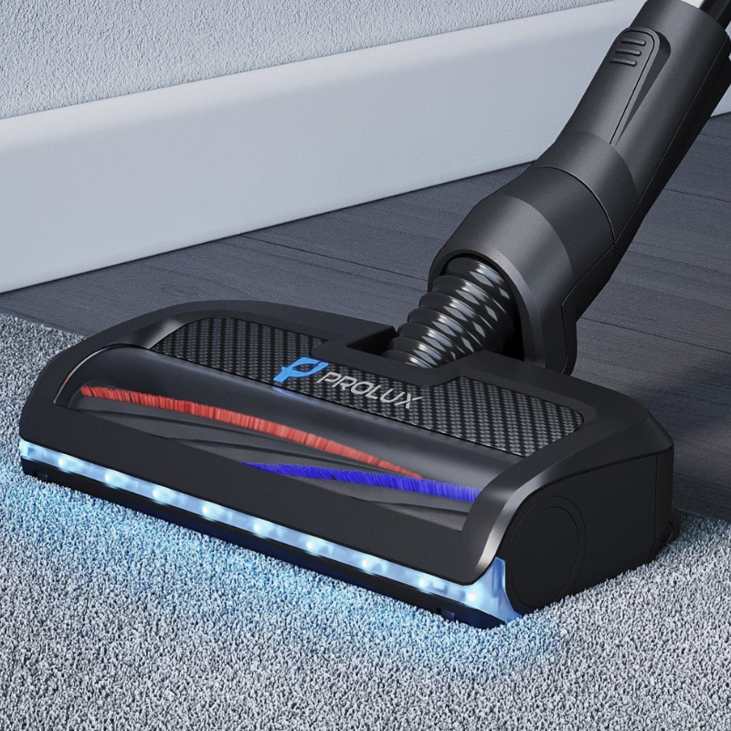 Prolux PLCX8E Backpack Vacuum Canister electric powerhead on carpet with led lights.