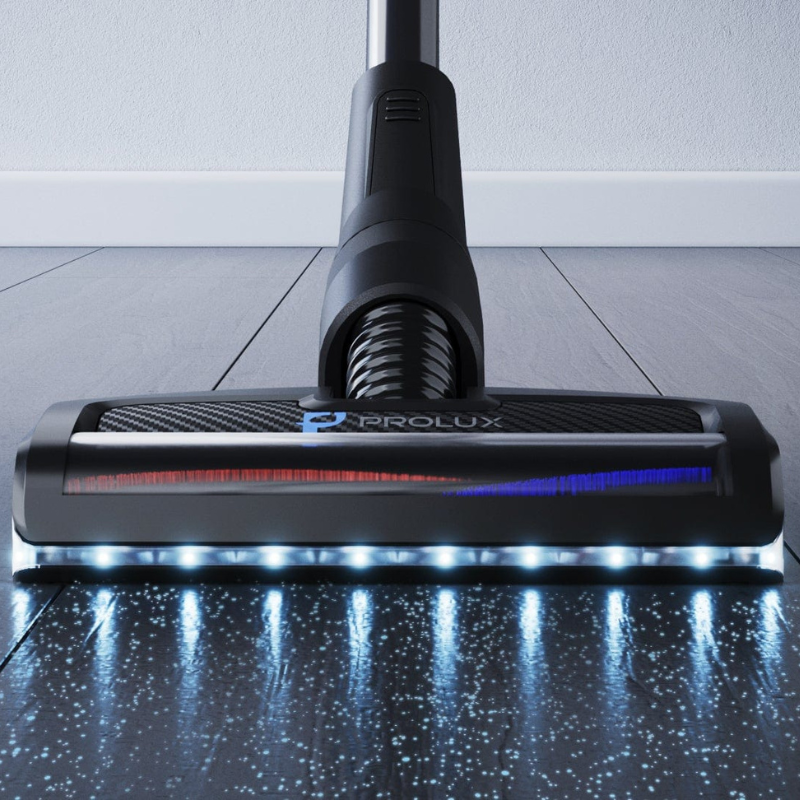 Prolux PLCX8E Backpack Vacuum Canister electric powerhead on hardwood floor with led lights.