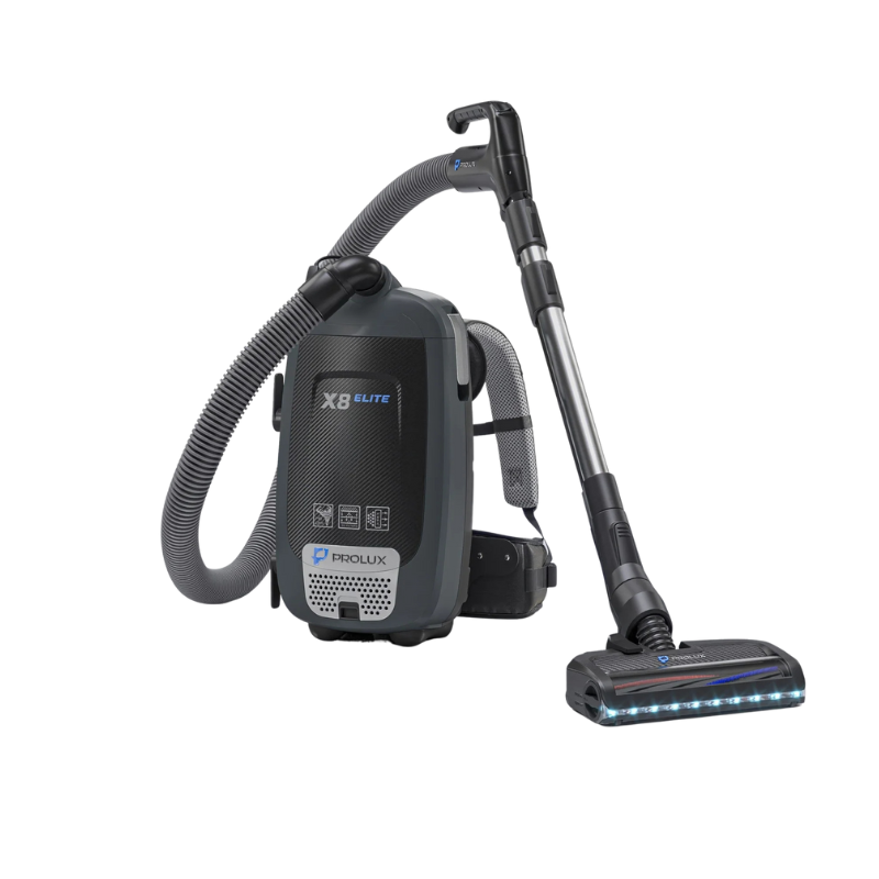 Prolux PLCX8E Backpack Vacuum Canister front view with hose and powerhead.