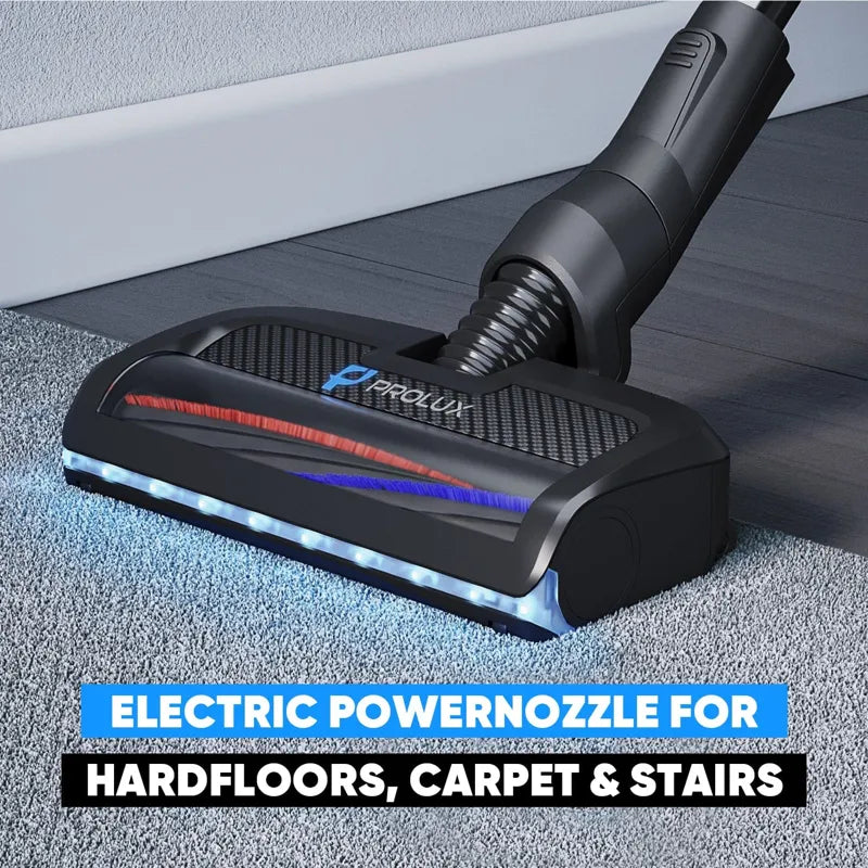 Prolux QX60 Pet Bagged Canister Vacuum power nozzle cleaning.