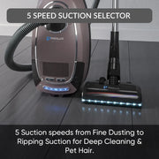 Prolux QX60 Pet Bagged Canister Vacuum suction settings display.