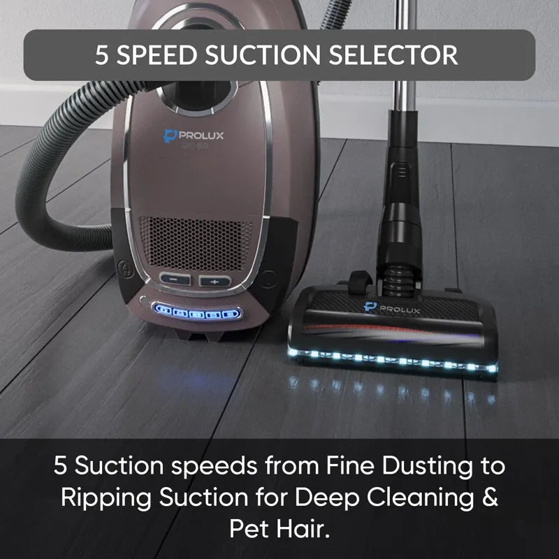 Prolux QX60 Pet Bagged Canister Vacuum suction settings display.