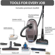Prolux QX60 Pet Bagged Canister Vacuum toolkit accessories overview.
