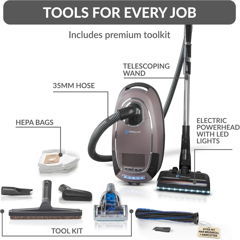 Prolux QX60 Pet Bagged Canister Vacuum toolkit accessories overview.