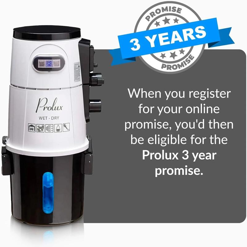 Prolux Wet Dry Garage Vacuum three year warranty.