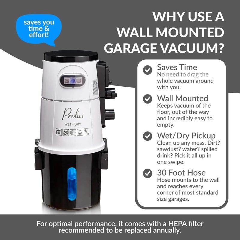 Prolux Wet Dry Garage Vacuum wall mounted benefits.