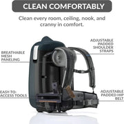 Prolux X8 Elite Backpack Vacuum Canister adjustable straps breathable mesh.