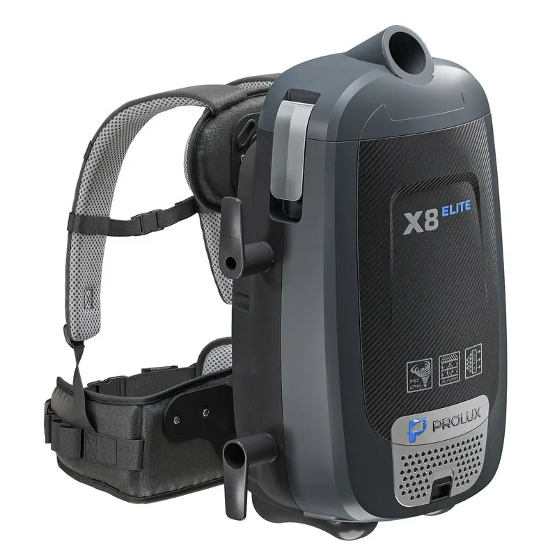 Prolux X8 Elite Backpack Vacuum Canister side view harness attachments.