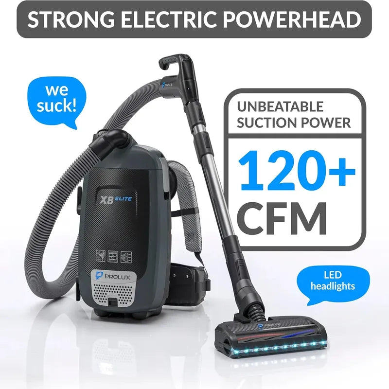 Prolux X8 Elite Backpack Vacuum Canister strong electric powerhead.