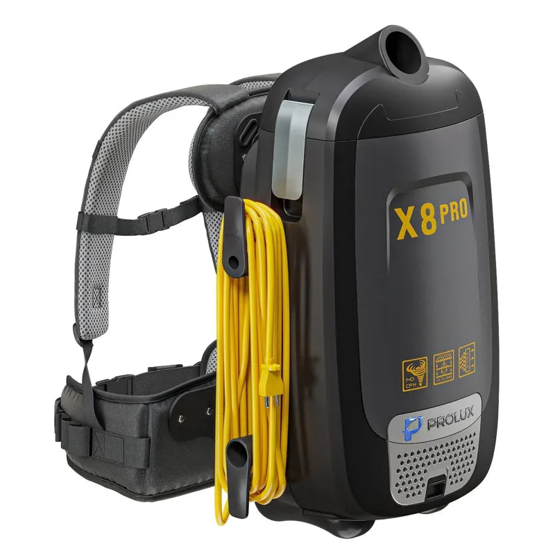 Prolux X8 Pro Commercial Backpack Vacuum angled view with carry straps.