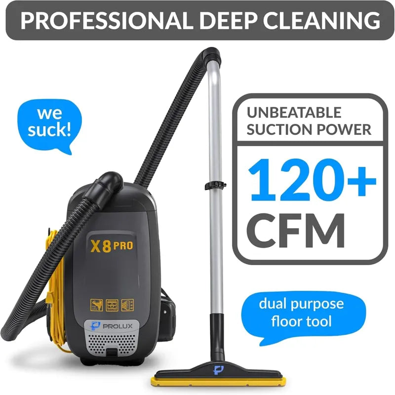 Prolux X8 Pro Commercial Backpack Vacuum professional deep cleaning high suction.