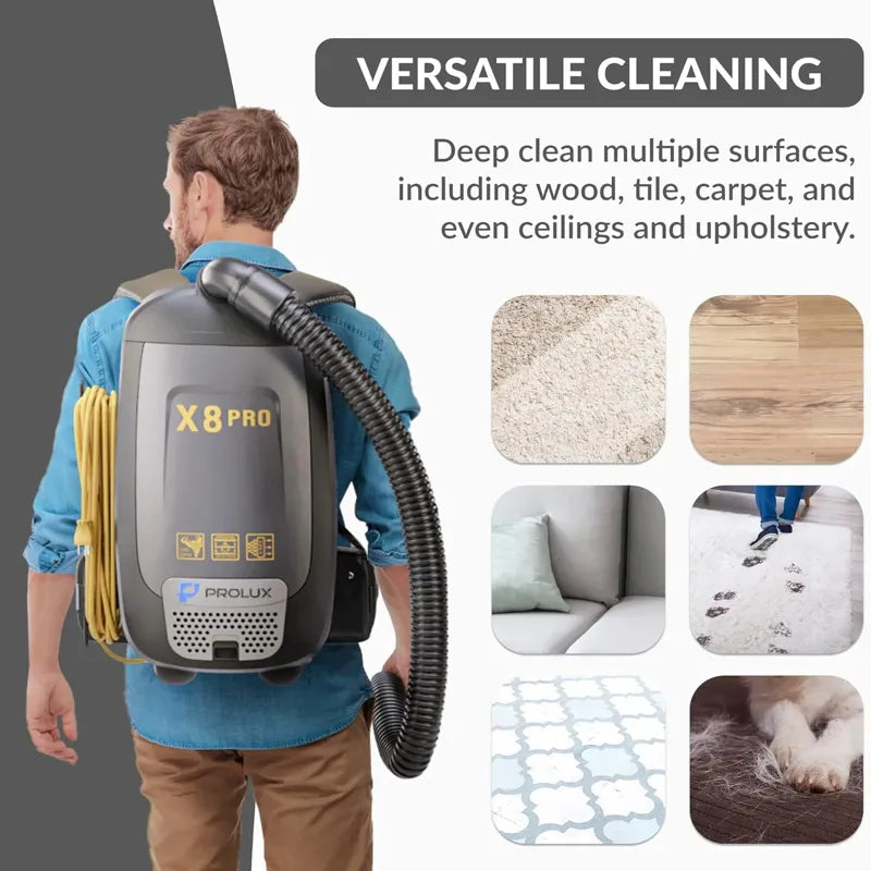 Prolux X8 Pro Commercial Backpack Vacuum versatile cleaning with surfaces.