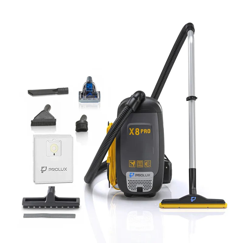 Prolux X8 Pro backpack vacuum cleaner full accessory set.