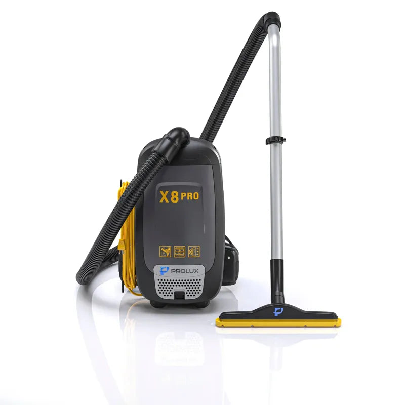 Prolux X8 Pro backpack vacuum cleaner standing with hose.