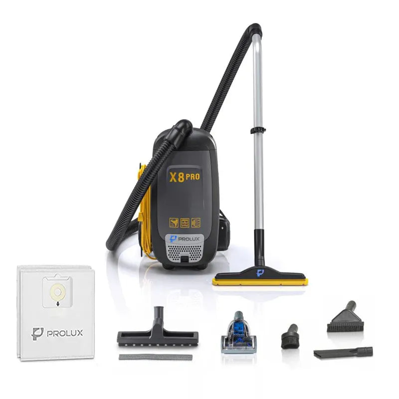 Prolux X8 Pro backpack vacuum cleaner with accessories.
