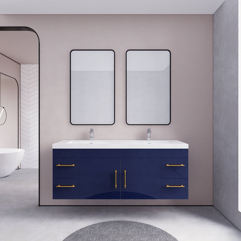 Elsa 60" Wall Mounted Floating Vanity in Glossy Night Blue with Double Sink