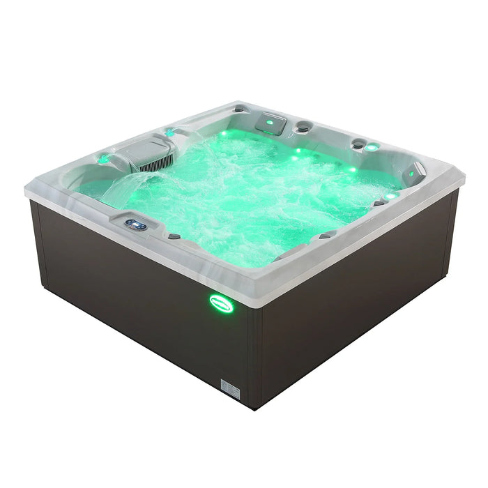 Hot tub with turquoise water and green LED lights, sitting on a dark brown base, ready for relaxation.