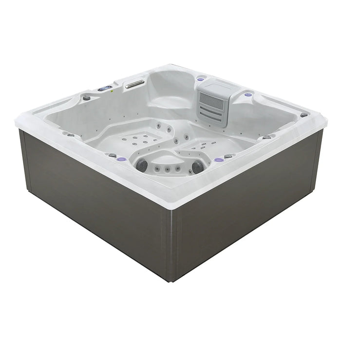 White and gray square hot tub with multiple jet nozzles, built-in seats, and a filtration unit, viewed from an angled perspective.