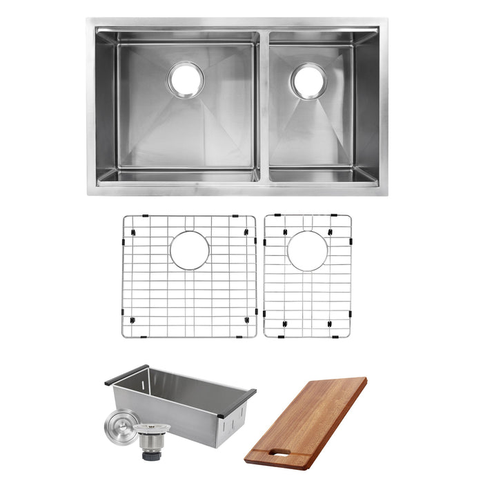 Nantucket Sinks SR-PS-3219-OS-16 Offset Double Bowl Prep Station Small Radius Undermount Stainless Sink with Accessories