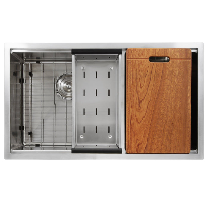 Nantucket Sinks SR-PS-3219-OS-16 Offset Double Bowl Prep Station Small Radius Undermount Stainless Sink with Accessories