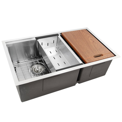 Nantucket Sinks SR-PS-3219-OS-16 Offset Double Bowl Prep Station Small Radius Undermount Stainless Sink with Accessories