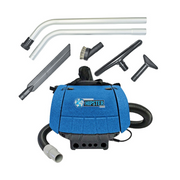 Sandia HEPA Hipster 6 Quart Hip Vacuum with 5 pc standard tool kit blue vacuum with tools laid out.