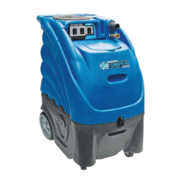 Sandia Sniper 12 Gallon Dual 3 Stage Carpet Extractor 300 PSI Pump with Optional Heat front view of carpet extractor with brand logo and control panel.