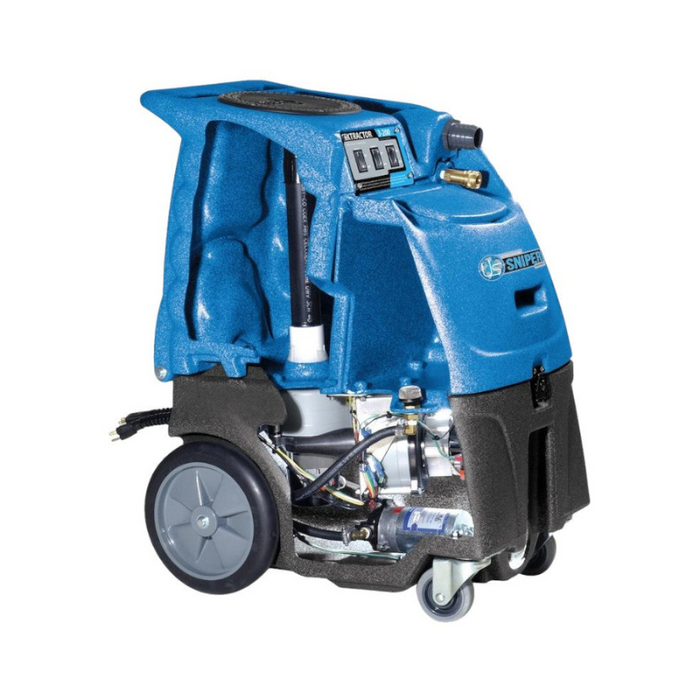 Sandia Sniper 12 Gallon Dual 3 Stage Carpet Extractor side view with panel open showing inner workings and wheels.