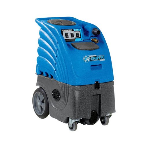 Sandia Sniper 6 Gallon Dual 2 Stage Carpet Extractor 100 PSI Pump with Optional Heat front side view of product with blue case.