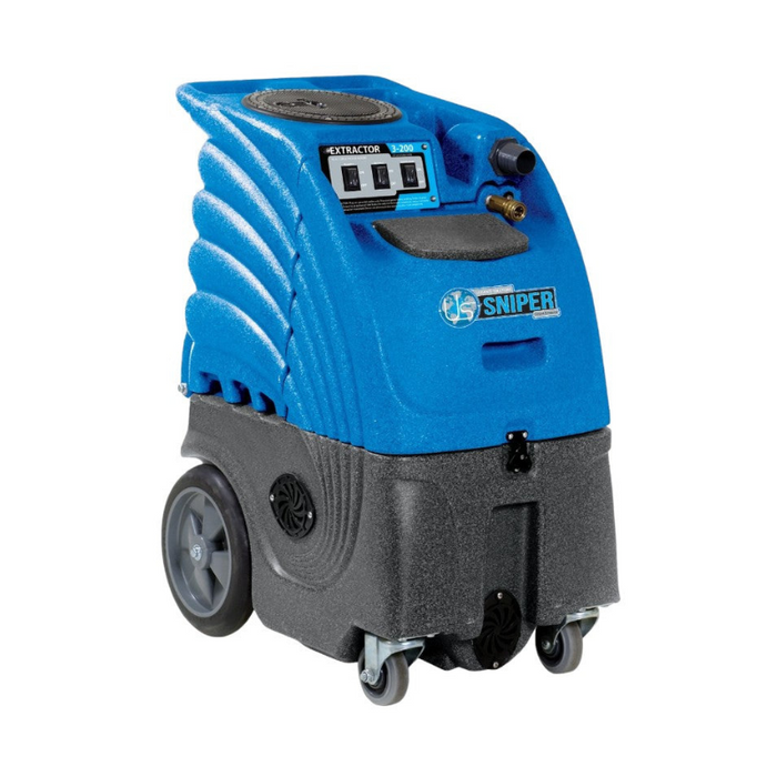 Sandia Sniper 6 Gallon Dual 3 Stage Carpet Extractor 100 PSI Pump with Optional Heat angled view of blue carpet extractor with control panel.