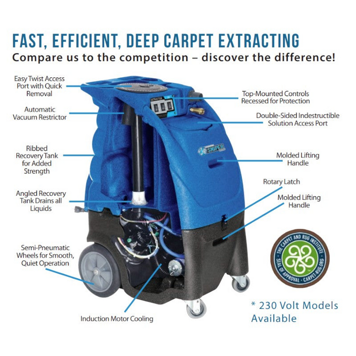 Sandia Sniper 6 Gallon Dual 3 Stage Carpet Extractor 100 PSI Pump with Optional Heat angled view of extractor highlighting large wheels and handles.